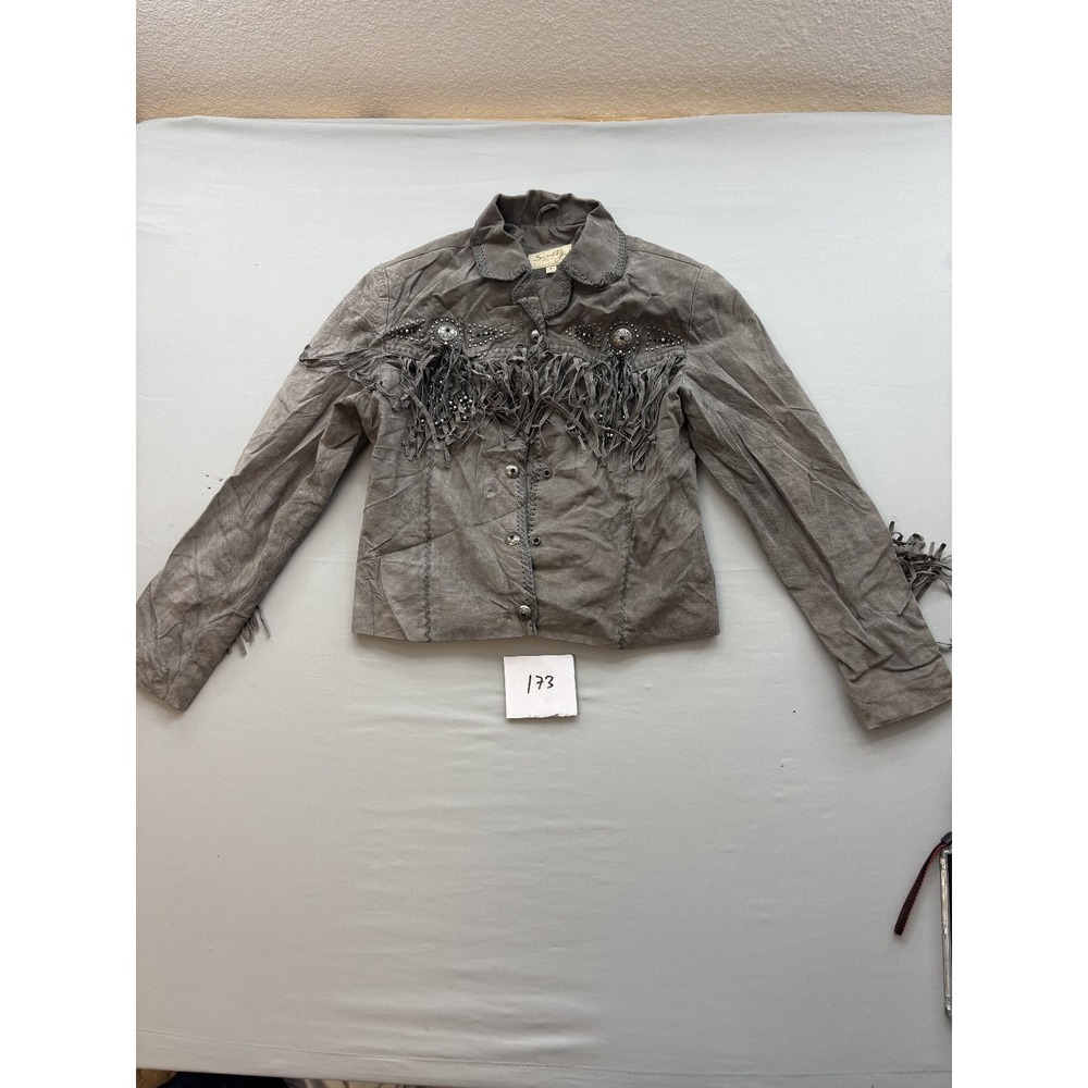 Scully Womens Gray Suede Leather Fringe Studded Western Jacket Coat Size L